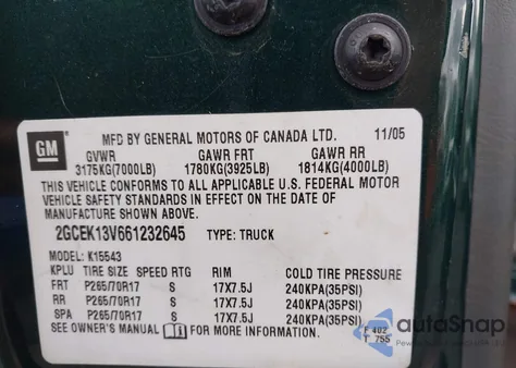 2006 Chevrolet Silverado 1500 Ls z USA, uszkodzony, nr VIN 2GCEK13V661232645